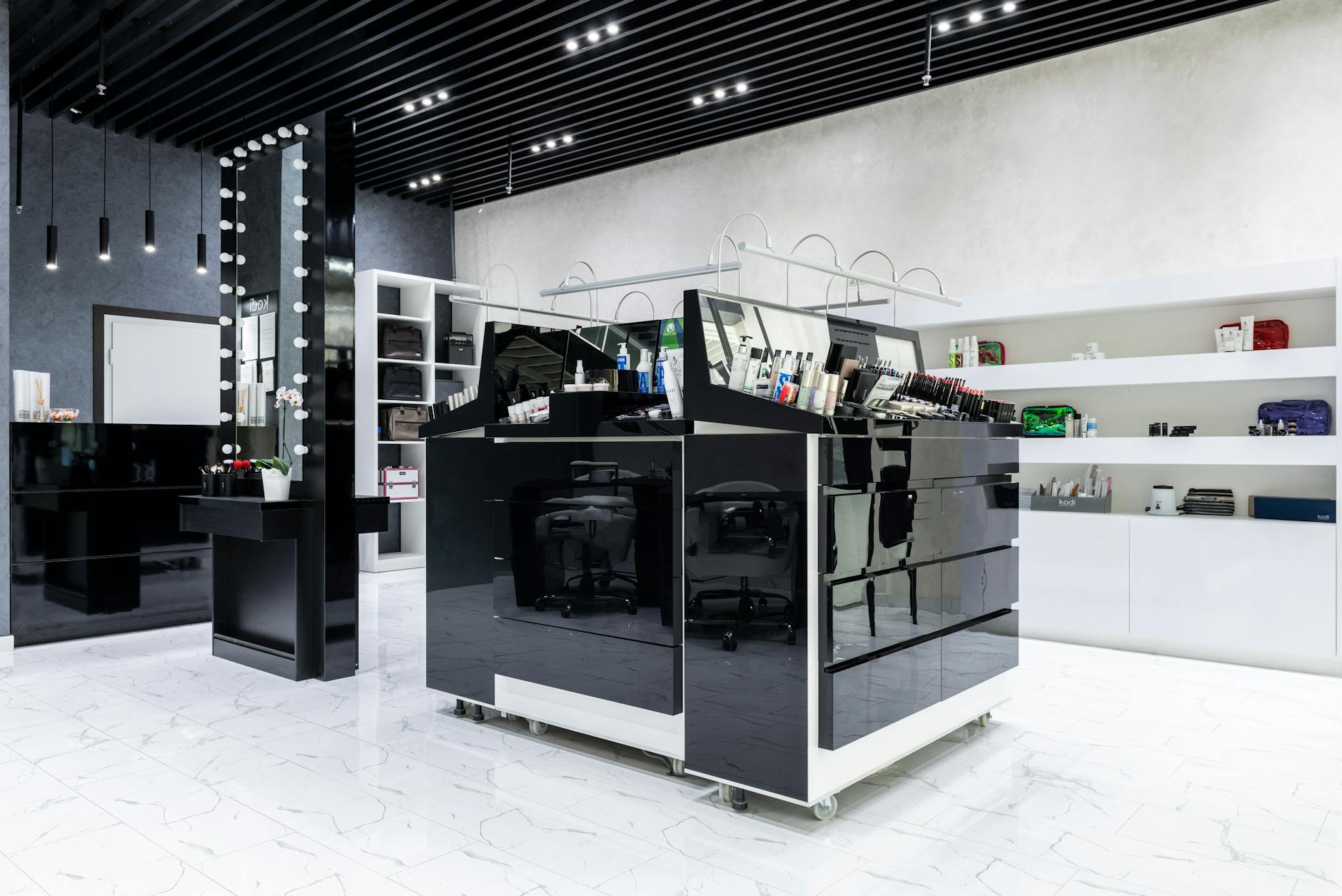 Modern retail store interior with shelves and technology equipment visible on ceiling