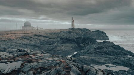 Modern weather radar display showing storm patterns and meteorological data