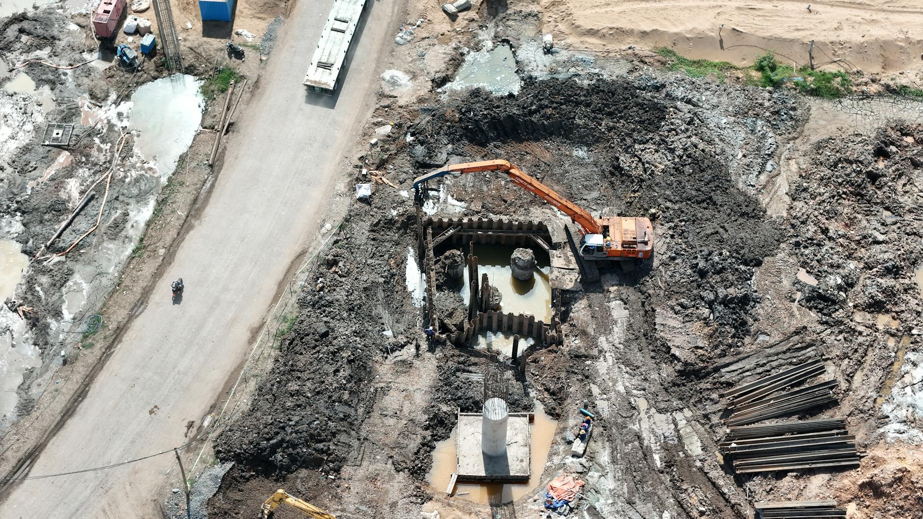 Aerial view of university construction site showing modular building assembly