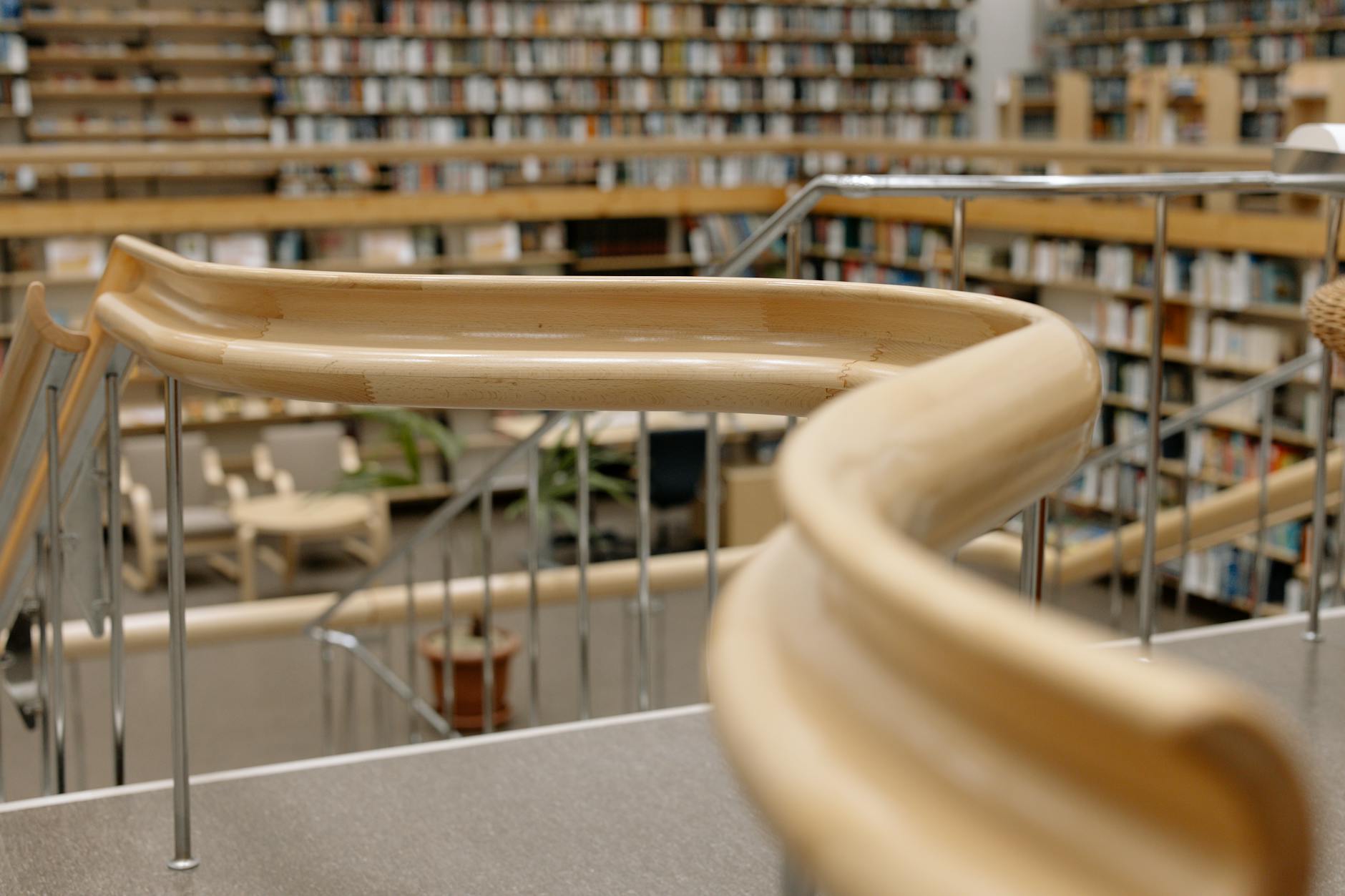 Modern library interior with computers and technology workstations