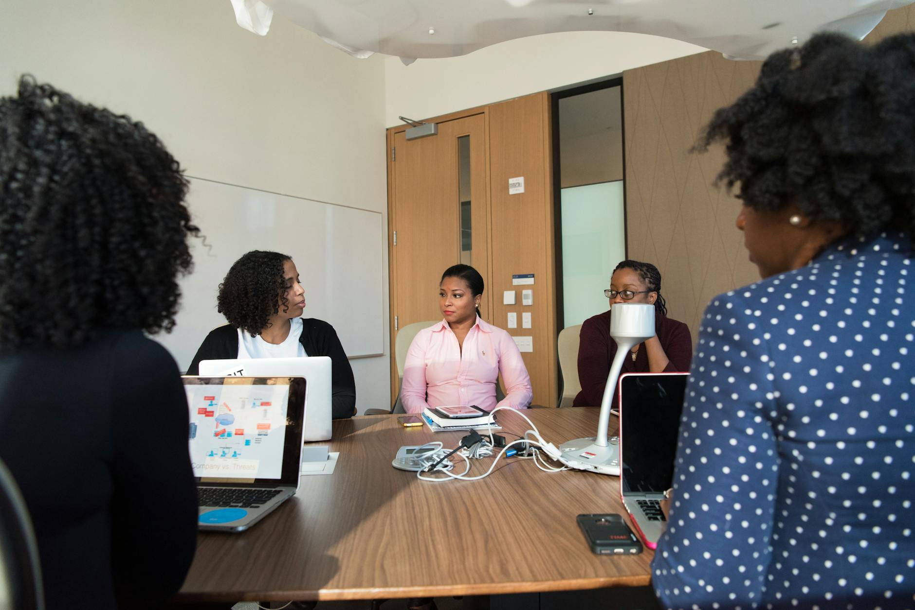 Corporate meeting room with technology displays showing strategic business decisions