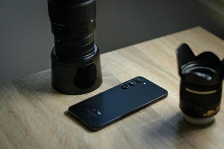 Close-up view of smartphone camera lens showing multiple sensors