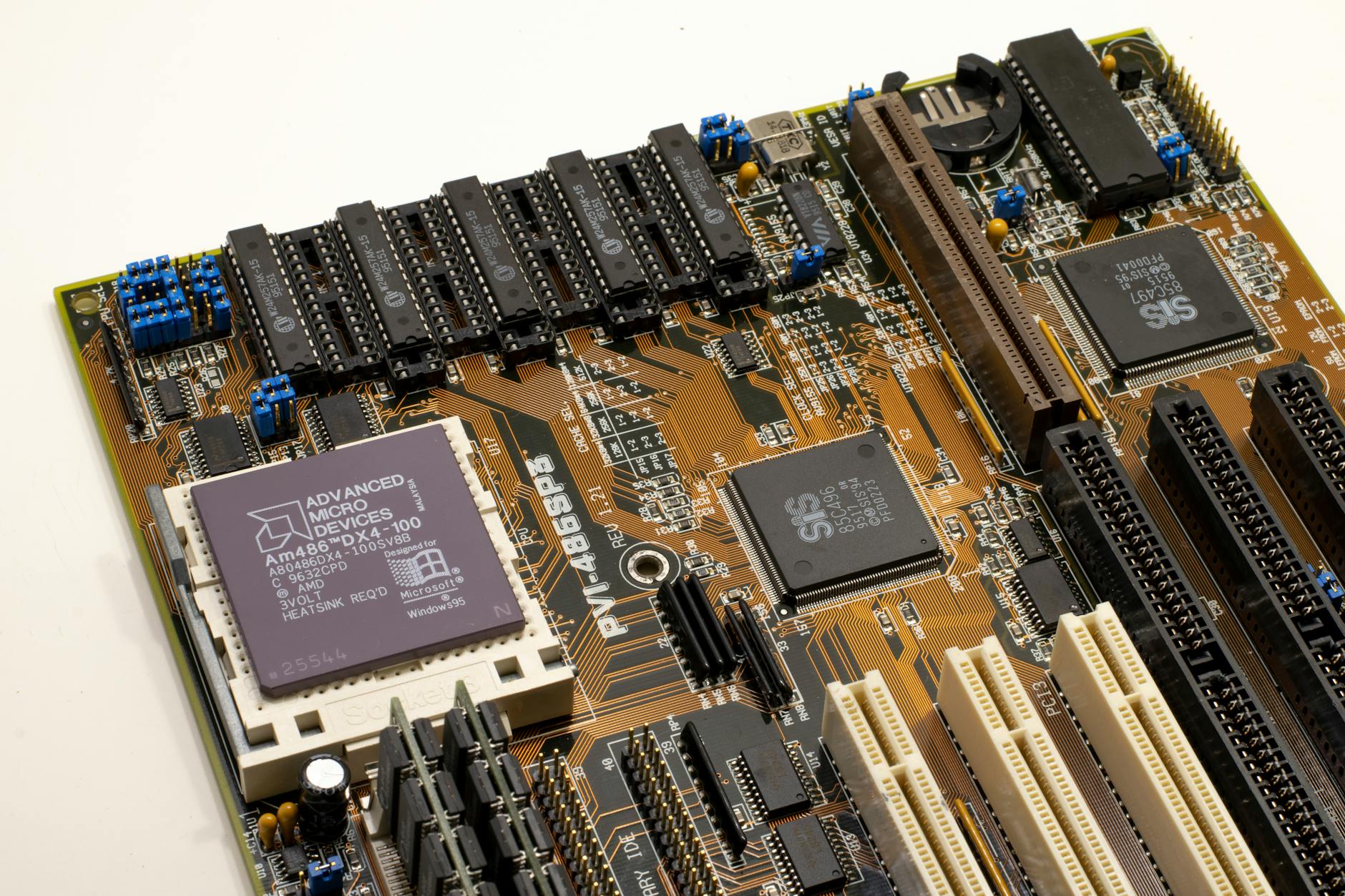 Close-up view of computer processor and circuit board components