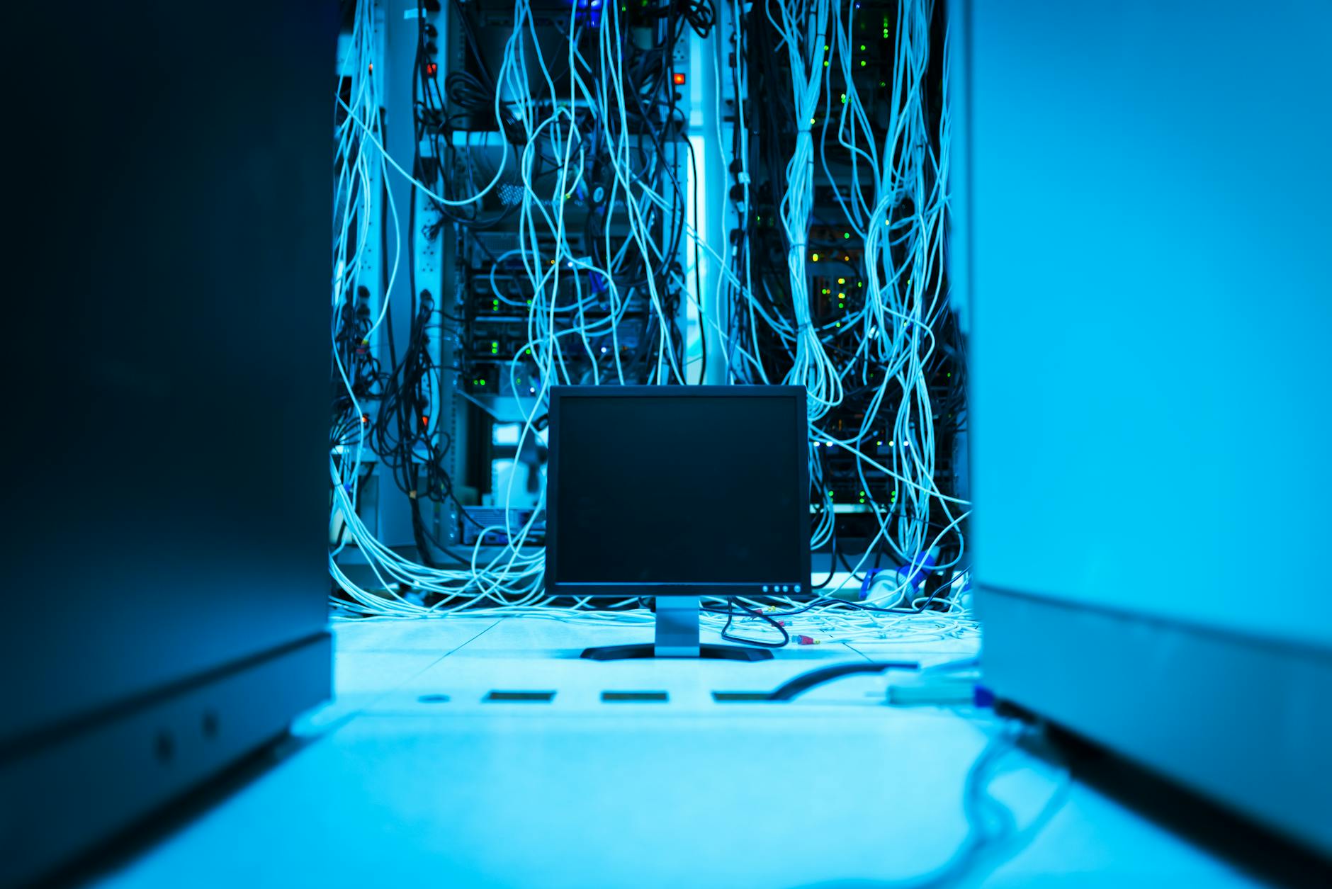 Data center server room with network equipment and security systems