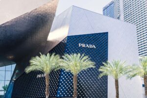Open-air sports arena in Las Vegas with bright blue decor and track layout