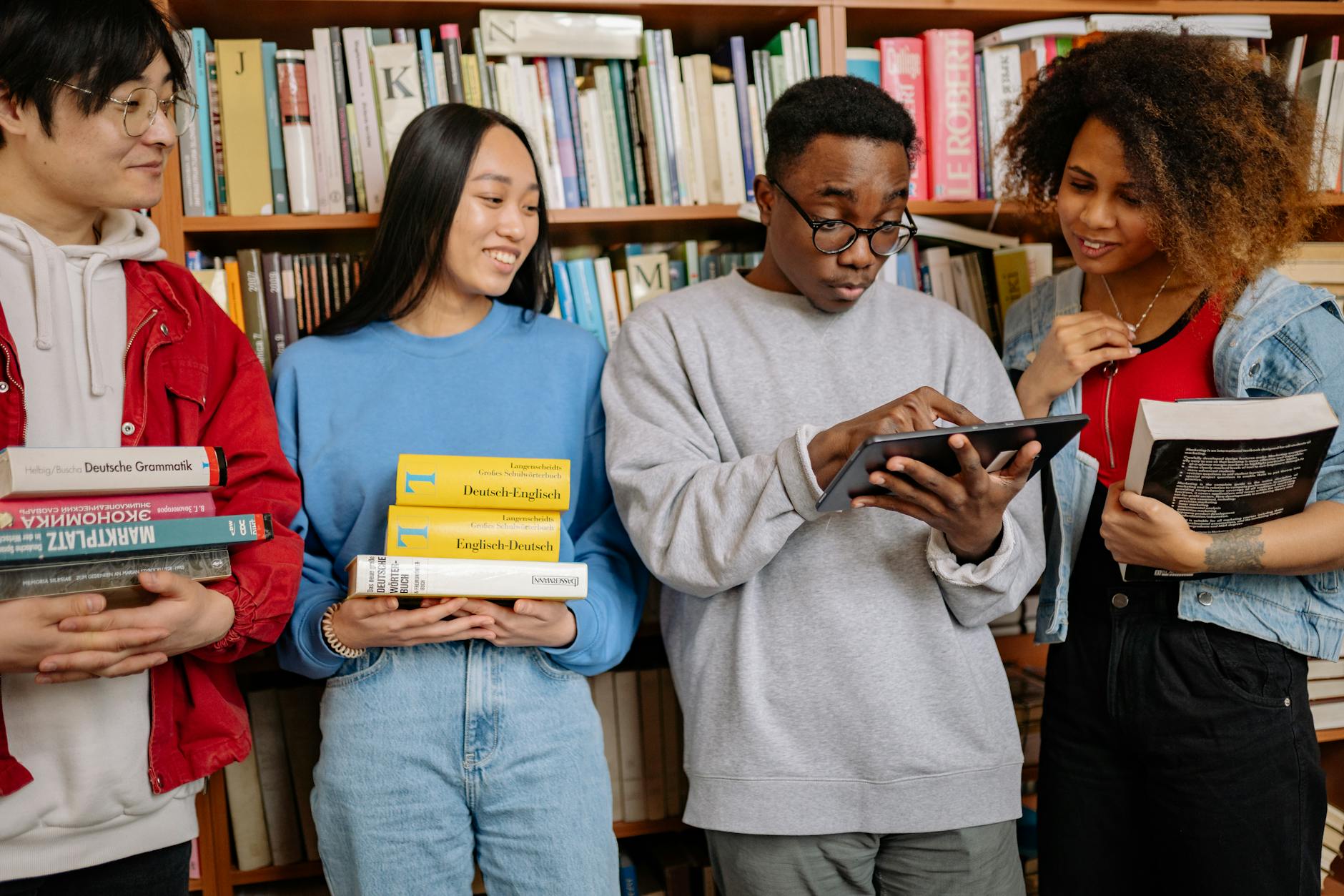 Open ebook library on a tablet screen showing book covers