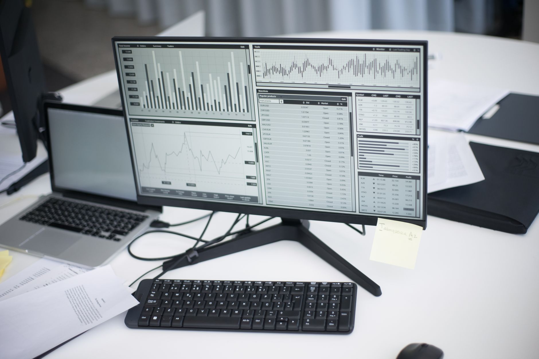 Data analyst reviewing corporate spending trends on a desktop monitor