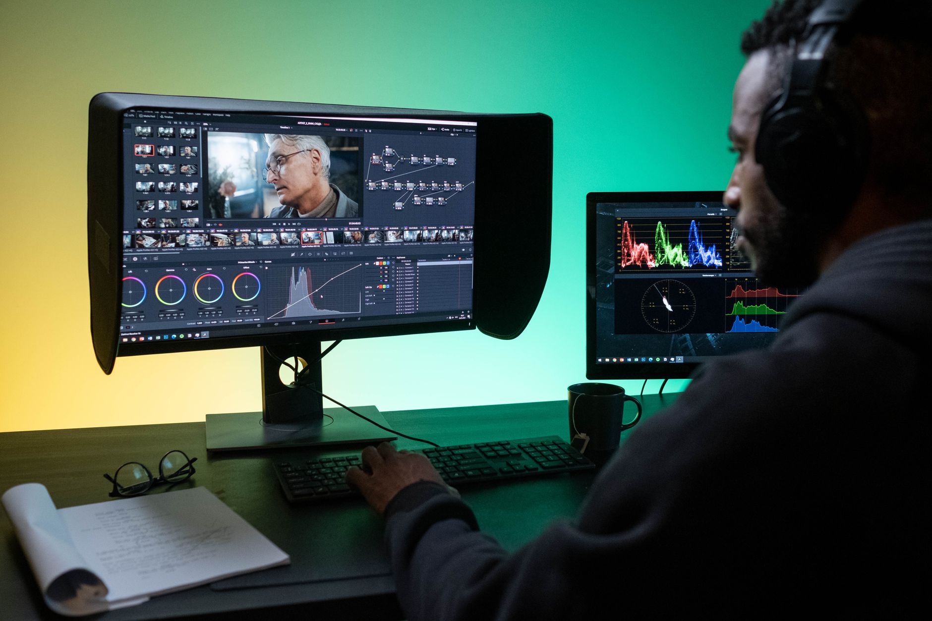 Editor working on color grading footage on a computer monitor