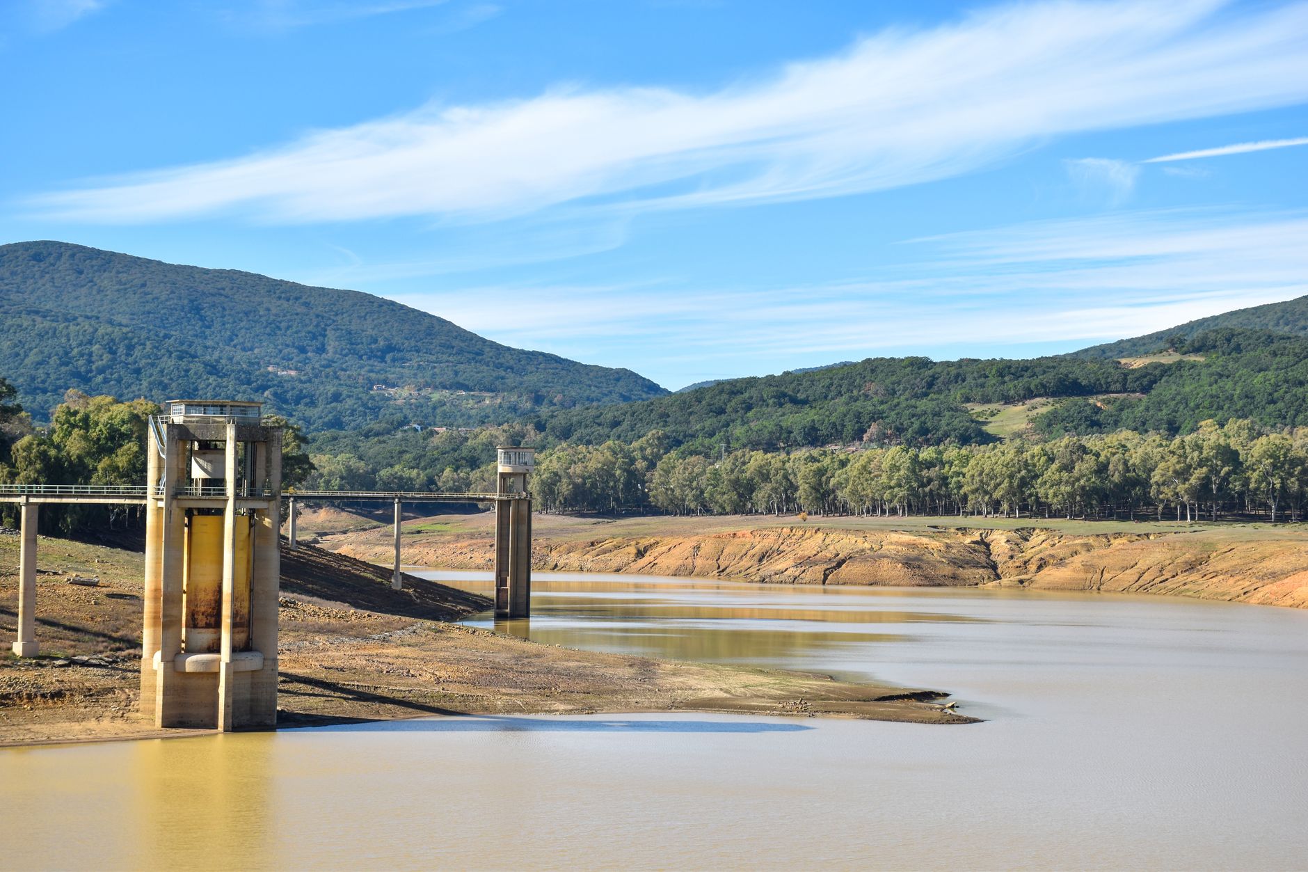 Low water levels in a European river during summer drought conditions