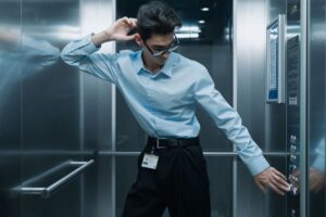 Person wearing smart glasses looking forward in an urban setting