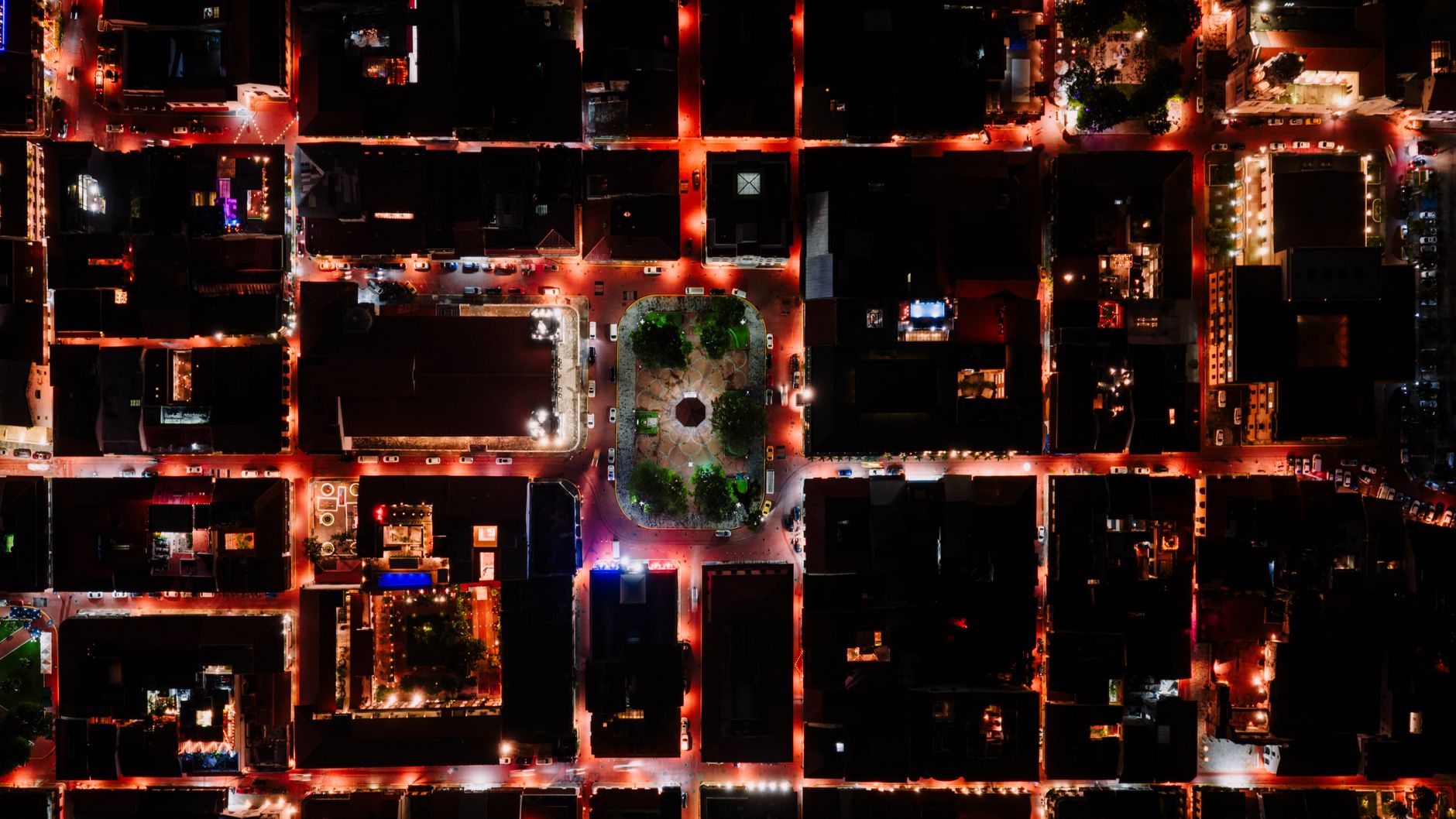 Aerial view of a city neighborhood captured from drone altitude
