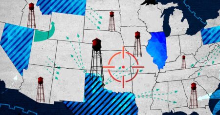 Inside the Secret War Game Where China Shuts Off Municipal water treatment facility with large filtration tanks and industrial piping