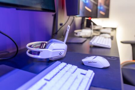 Gaming keyboard with RGB lighting on a desk setup