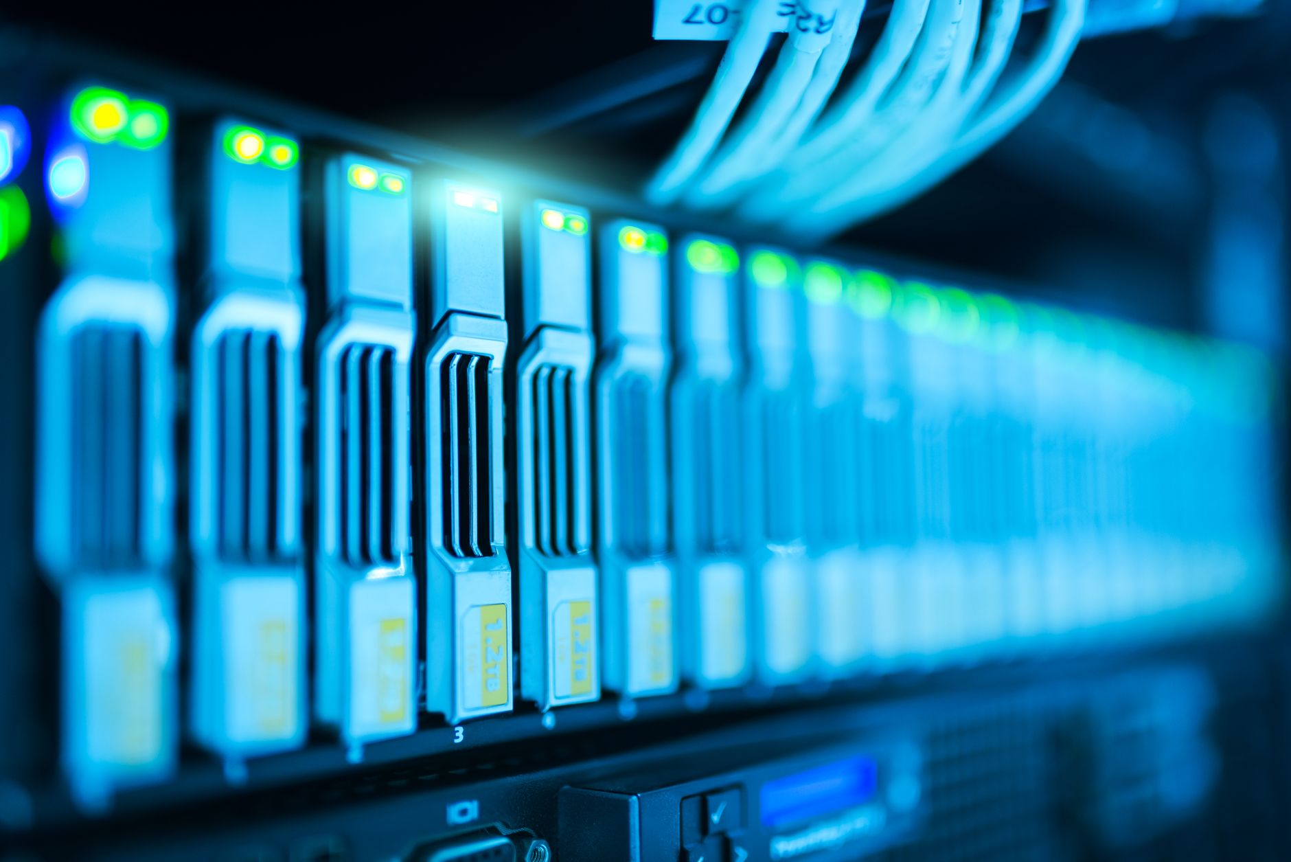 Rows of servers inside a large-scale AI data center facility