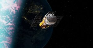 Artist rendering of a space telescope in low Earth orbit against a dark sky