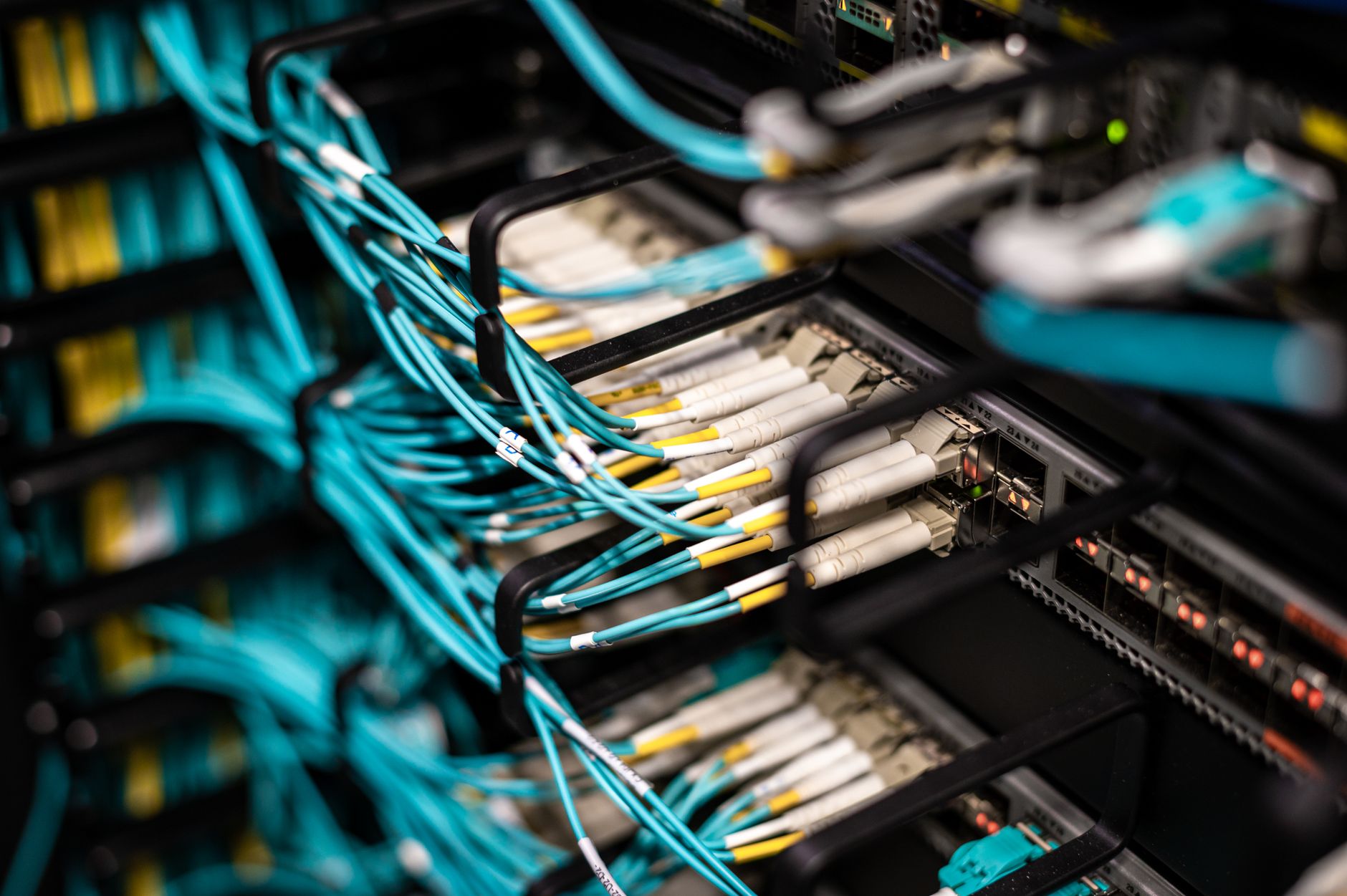 Dense bundle of network cables connecting enterprise infrastructure hardware