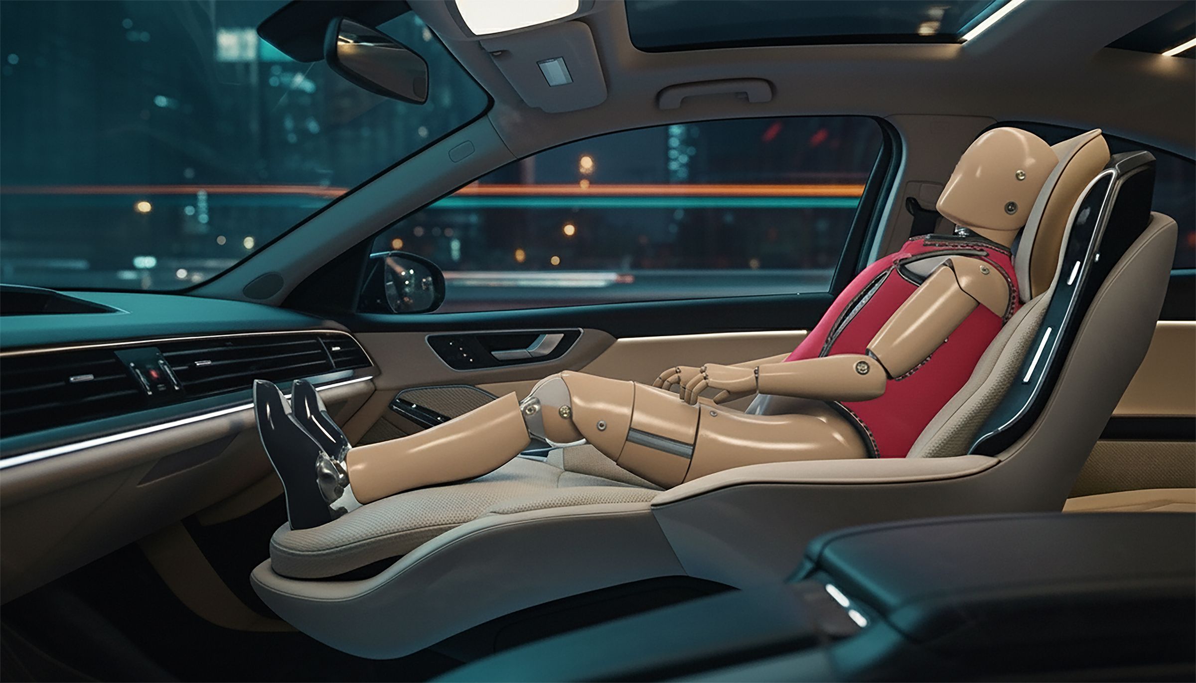 Passenger seat in a vehicle fully reclined in a horizontal sleeping position