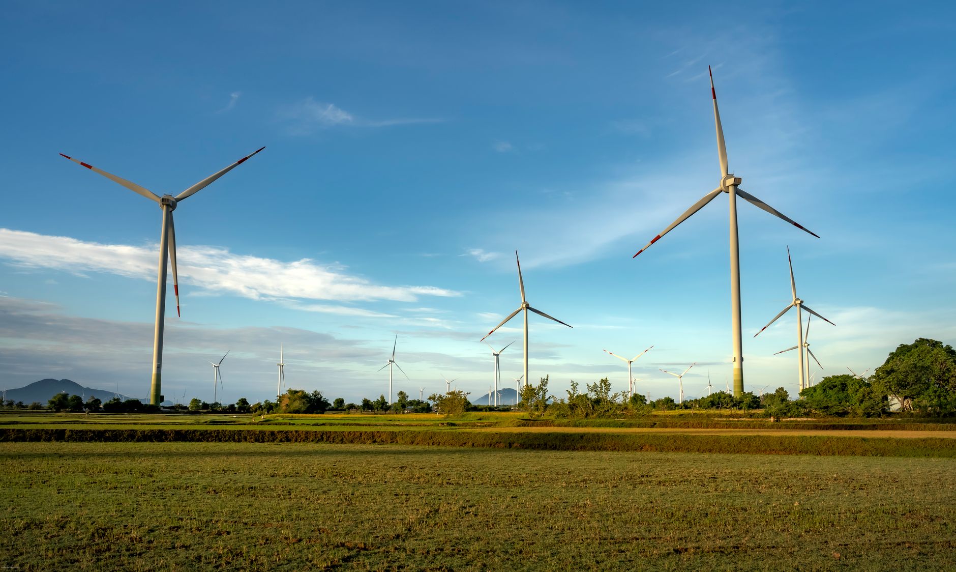 Wind turbines generating renewable energy in an open field