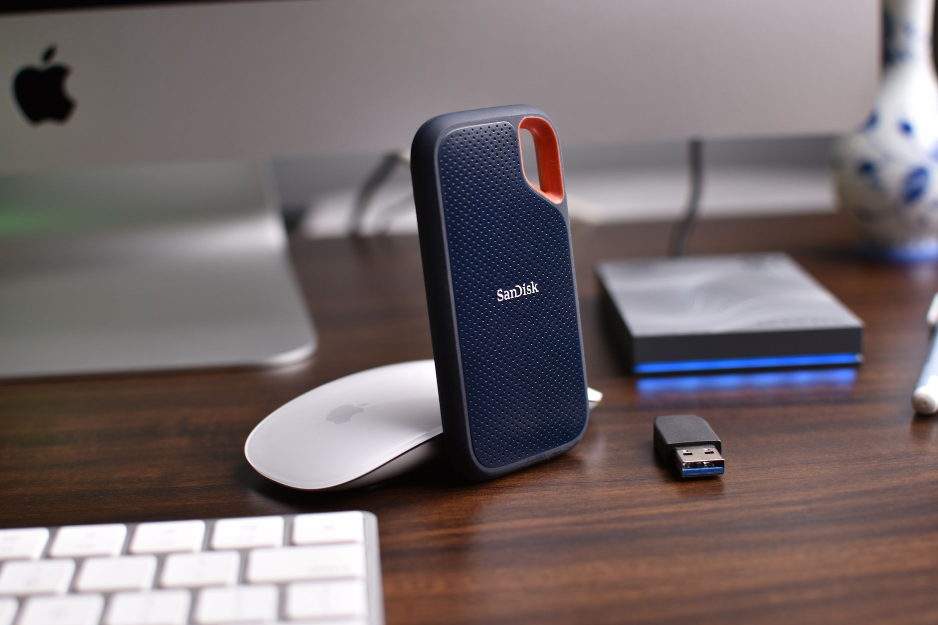 External hard drive on a desk used for storing ripped music files